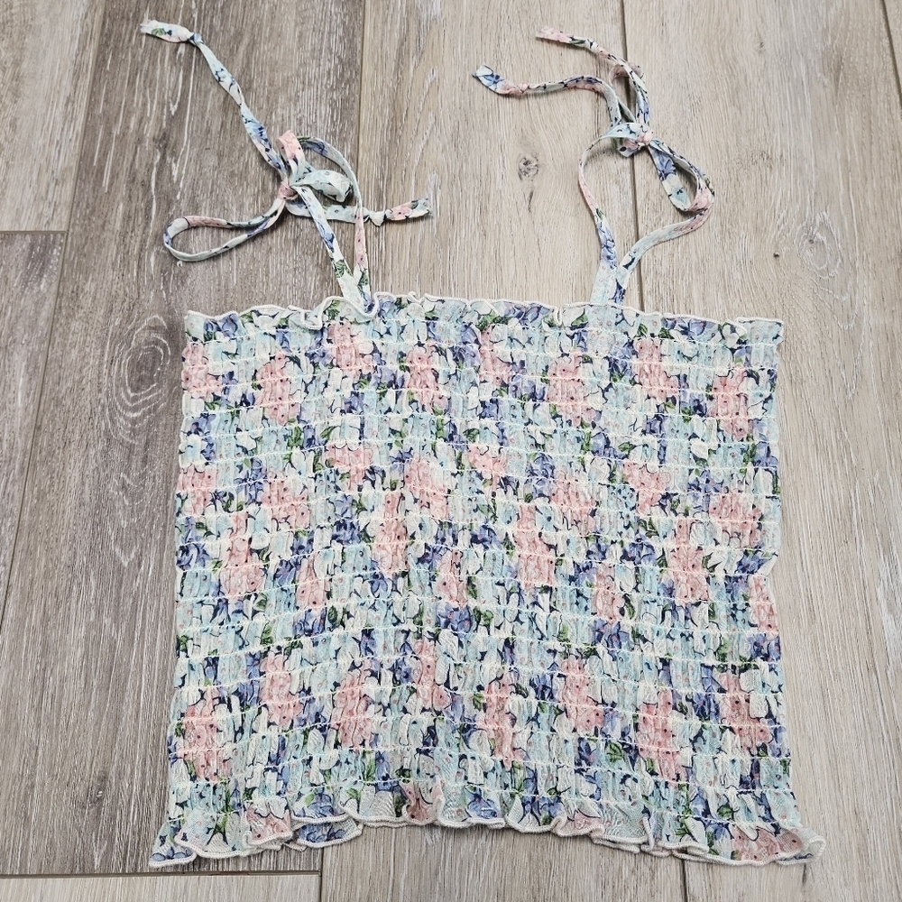 JC Penney Fashions Vintage Smocked Sheer Tank Top Floral Tie Women's Medium